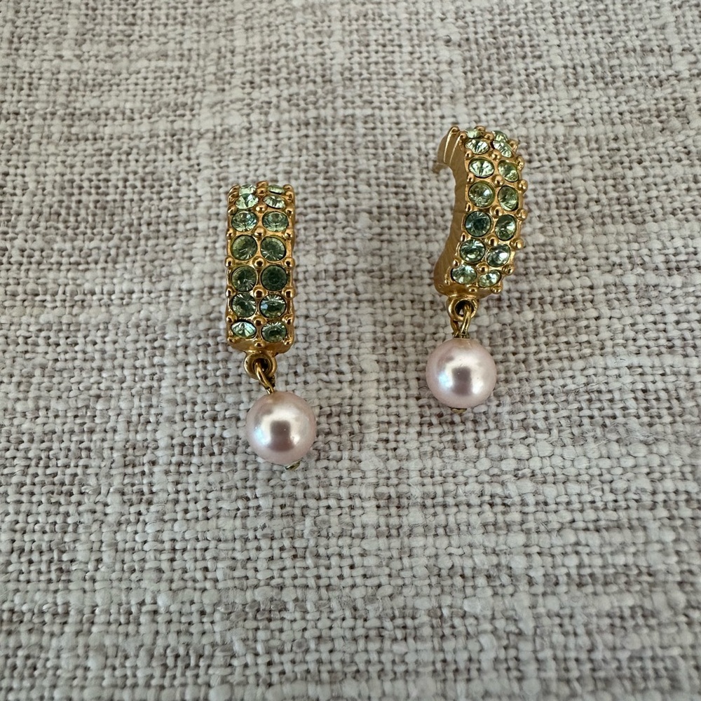 Swarovski Gold Earrings with Green Crystals and Pearl Drop
